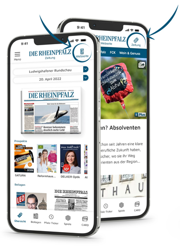 hybrid-app-wechsel-der-bereiche Zwei Smartphones mit RHEINPFALZ-App: Plus-Artikel und E-Paper in der digitalen Ausgabe.
