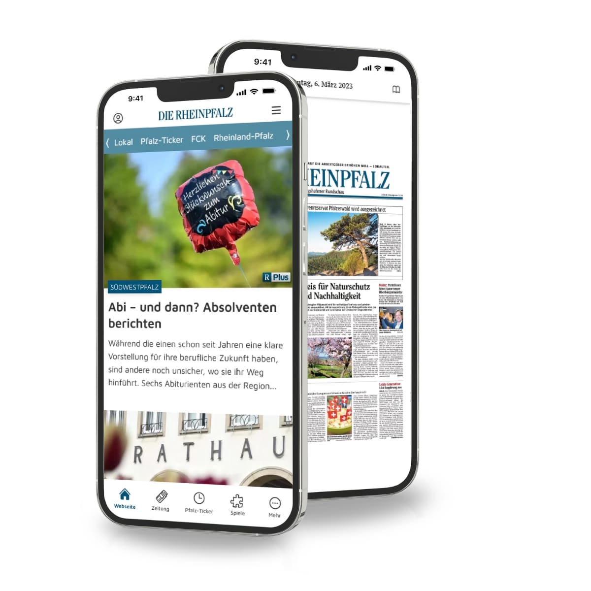Zwei Smartphones mit Ansichten zur Startseite und zum klassischen E-Paper der RHEINPFALZ App.