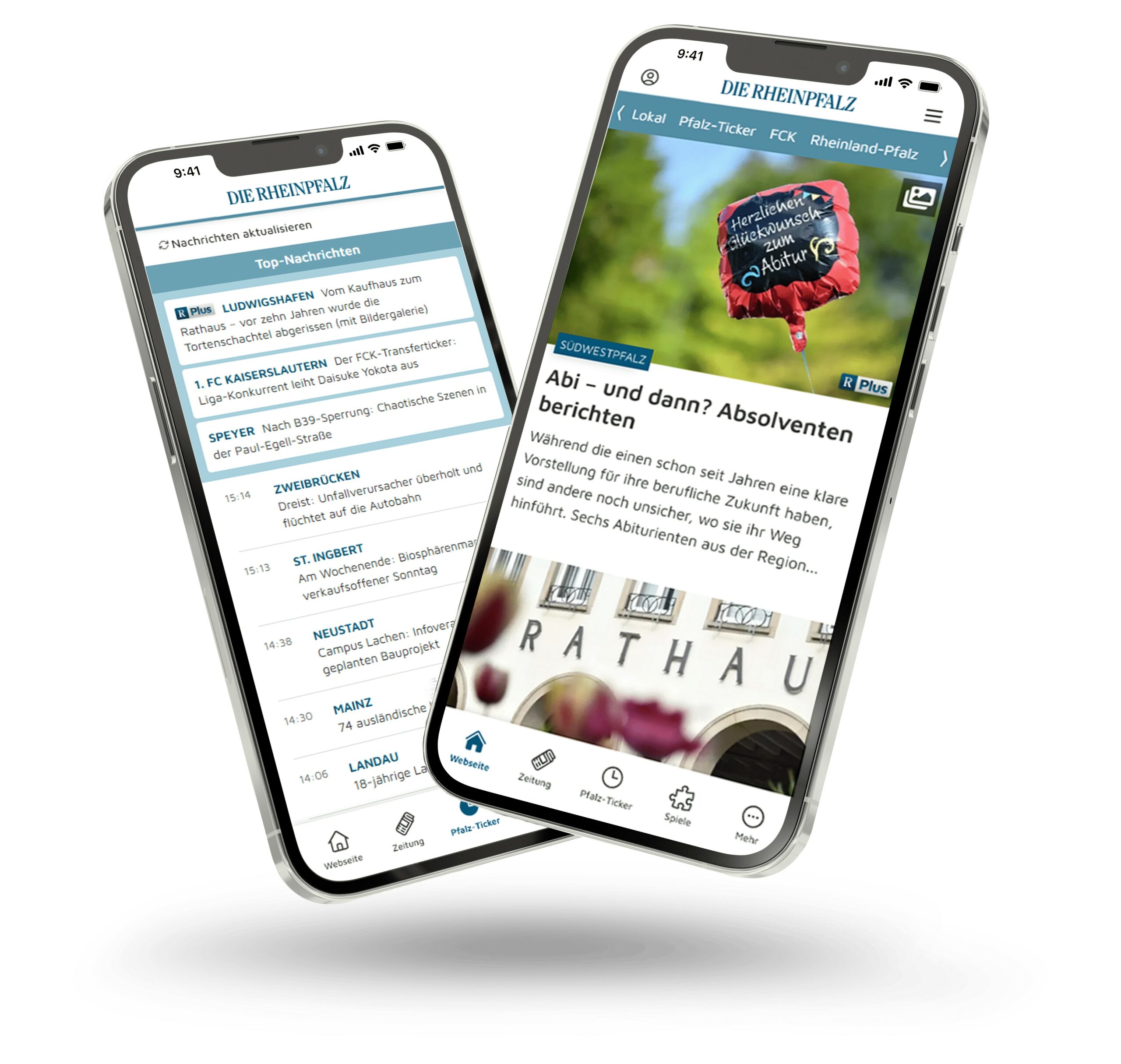 Zwei Smartphones mit Ansichten zur Webview und zum E-Paper der RHEINPFALZ App