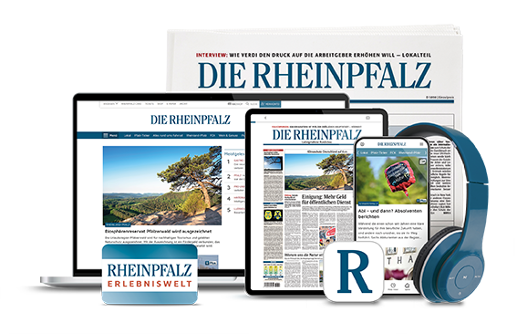 Produktpalette der Tageszeitung ‚Die Rheinpfalz‘: Zeitungsausgabe, Webseite auf Laptop und Tablet, App auf Smartphone, Kopfhörer sowie Zusatzangebote wie. Die Medien sind digital zugänglich.