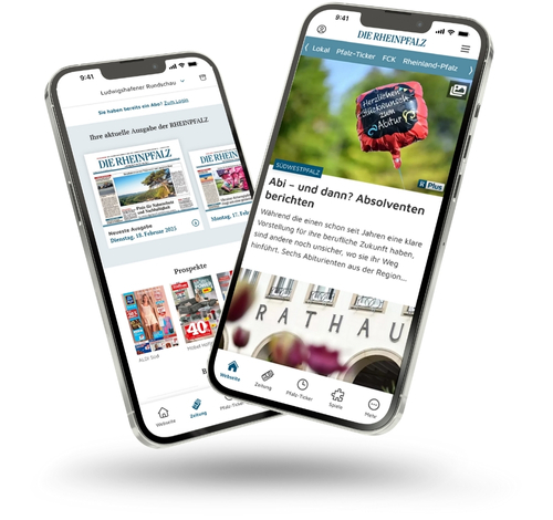 Zwei Smartphones mit Ansichten zur Webview und zum E-Paper der RHEINPFALZ App