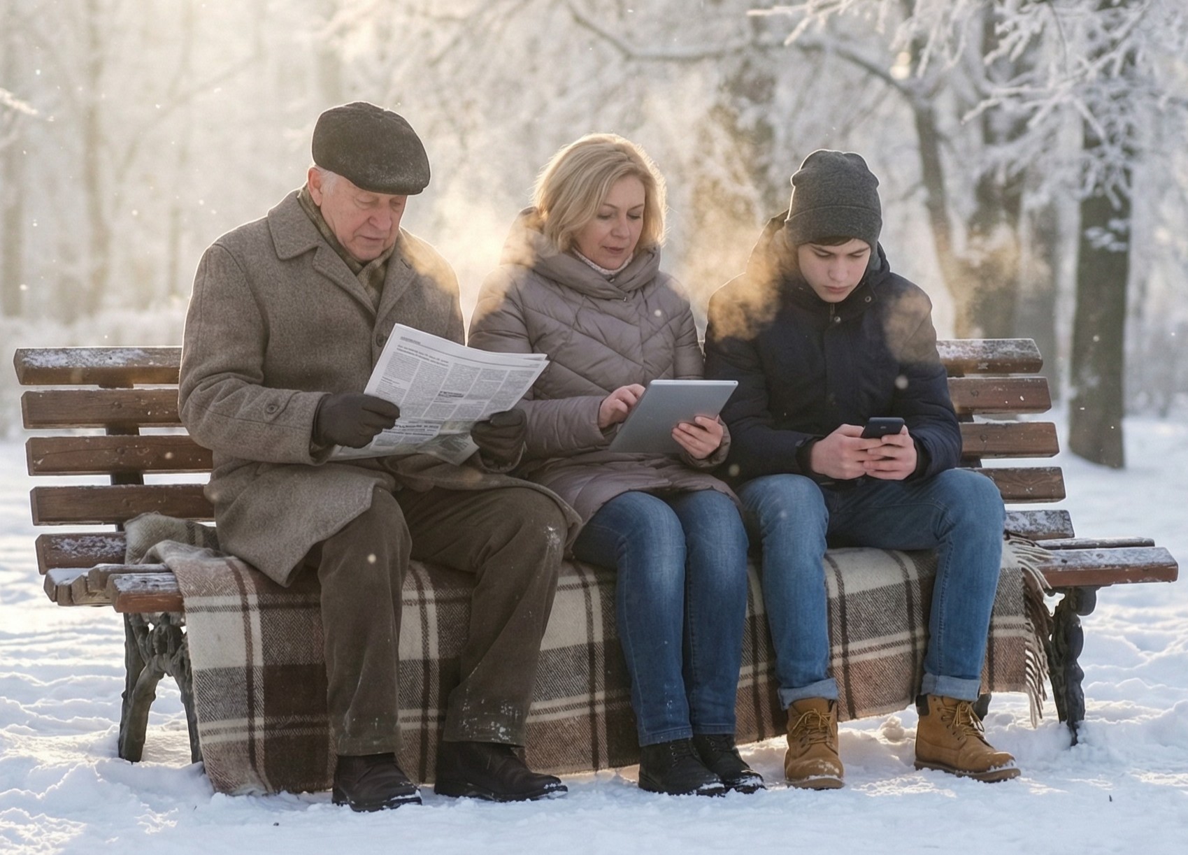 Familie liest gemeinsam die Zeitung in Print und auf dem Smartphone und Tablet