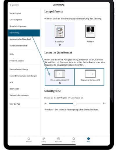 App Einstellung Einzel-/Doppelseite