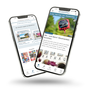 Zwei Smartphones mit Ansichten zur Webview und zum E-Paper der RHEINPFALZ App
