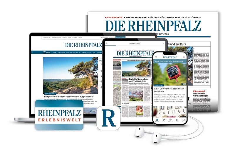 Produktpalette der Tageszeitung ‚Die Rheinpfalz‘ auf verschiedenen Endgeräten: Webseite auf Laptop, App auf Smartphone und Tablet, In-Ear-Kopfhörer. Die Medien sind digital zugänglich. Und einmal als Print-Zeitung dargestellt - klassisch.