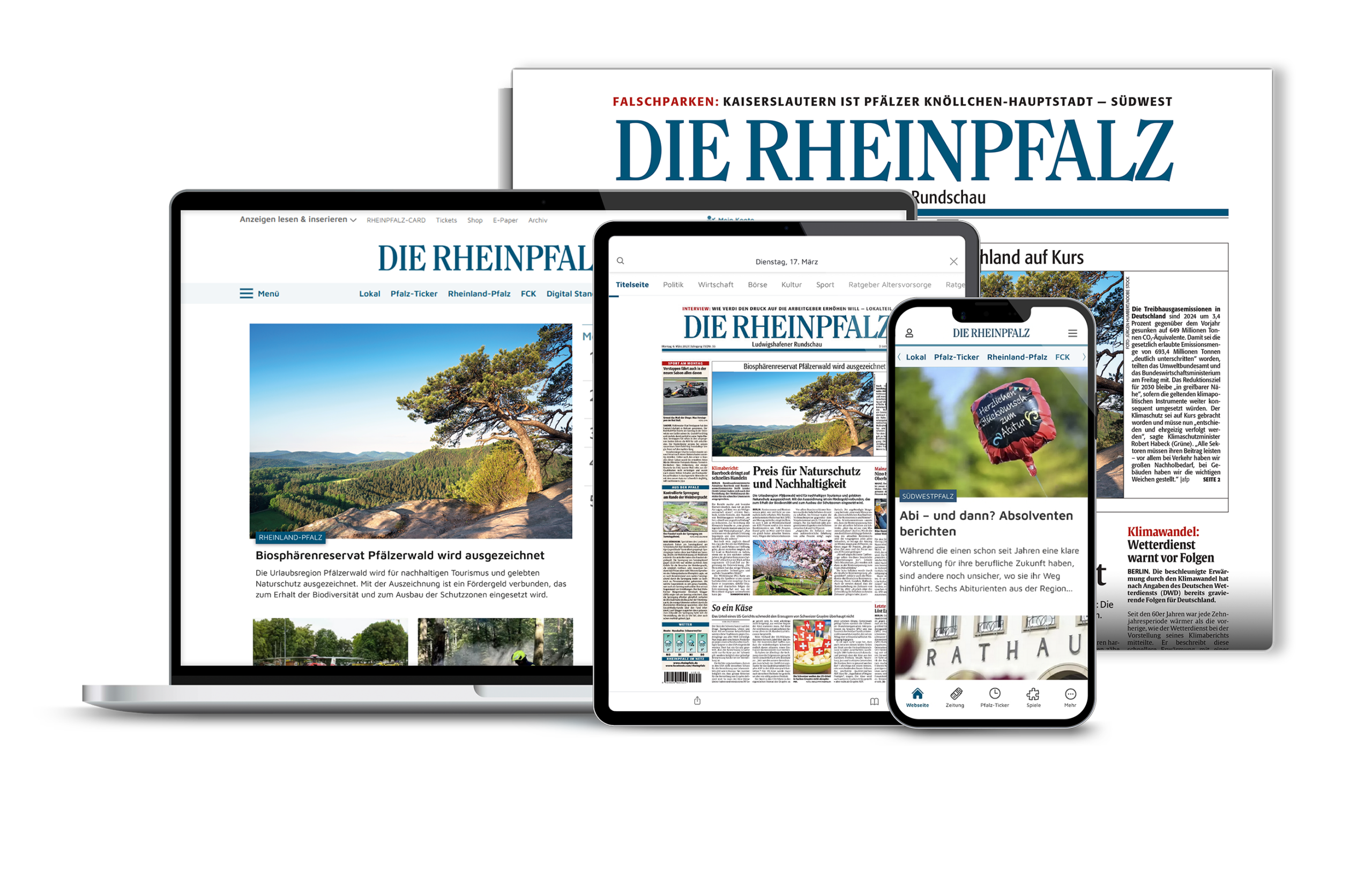 Zwei Smartphones mit Ansichten zur Webview und zum E-Paper der RHEINPFALZ App