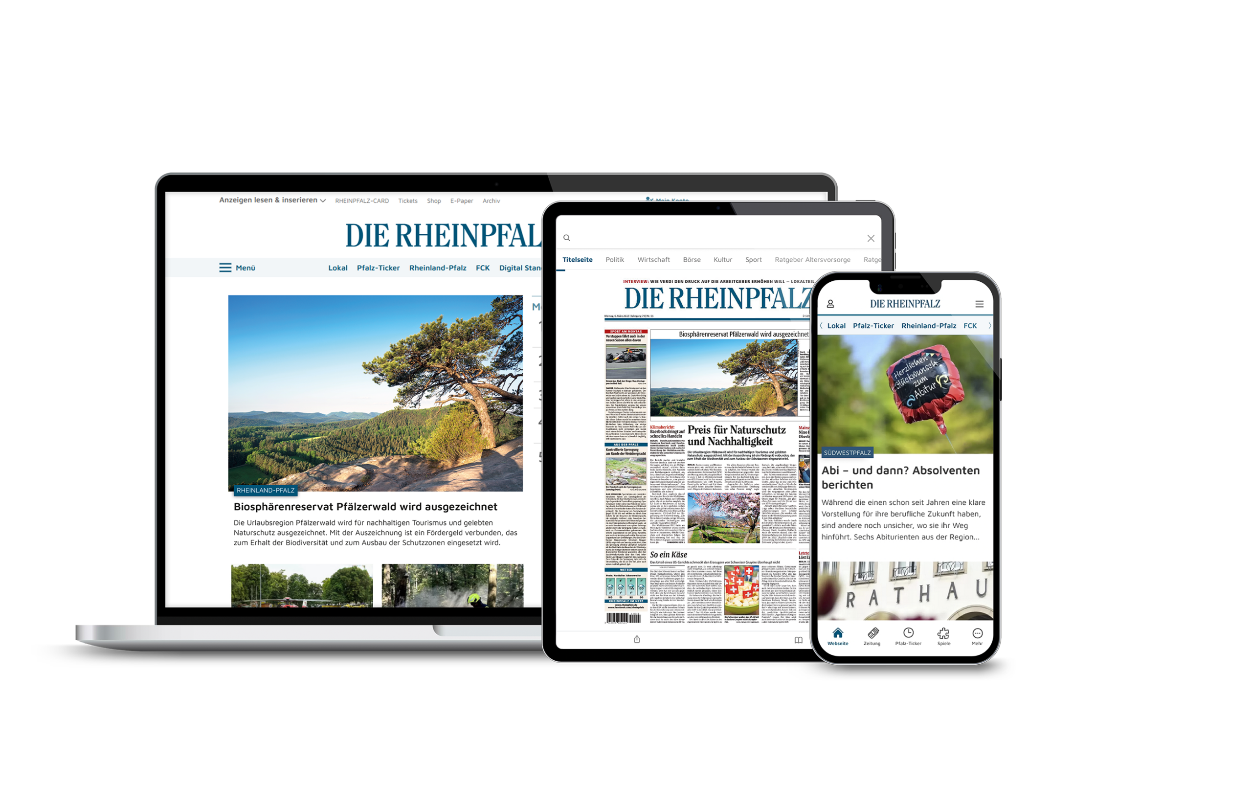 Zwei Smartphones mit Ansichten zur Webview und zum E-Paper der RHEINPFALZ App