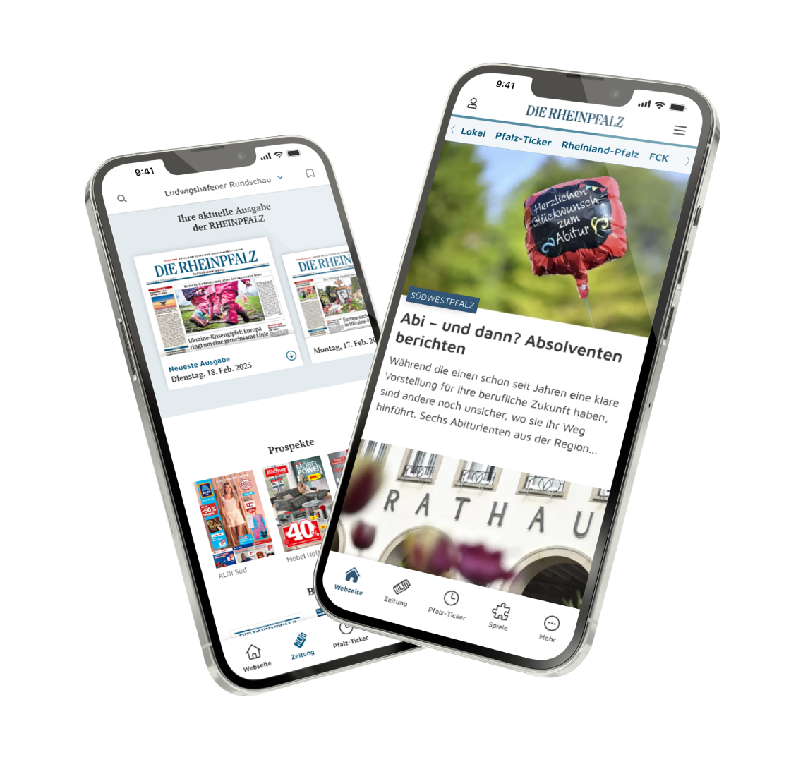 Zwei Smartphones mit Ansichten zur Startseite und zum klassischen E-Paper der RHEINPFALZ App.