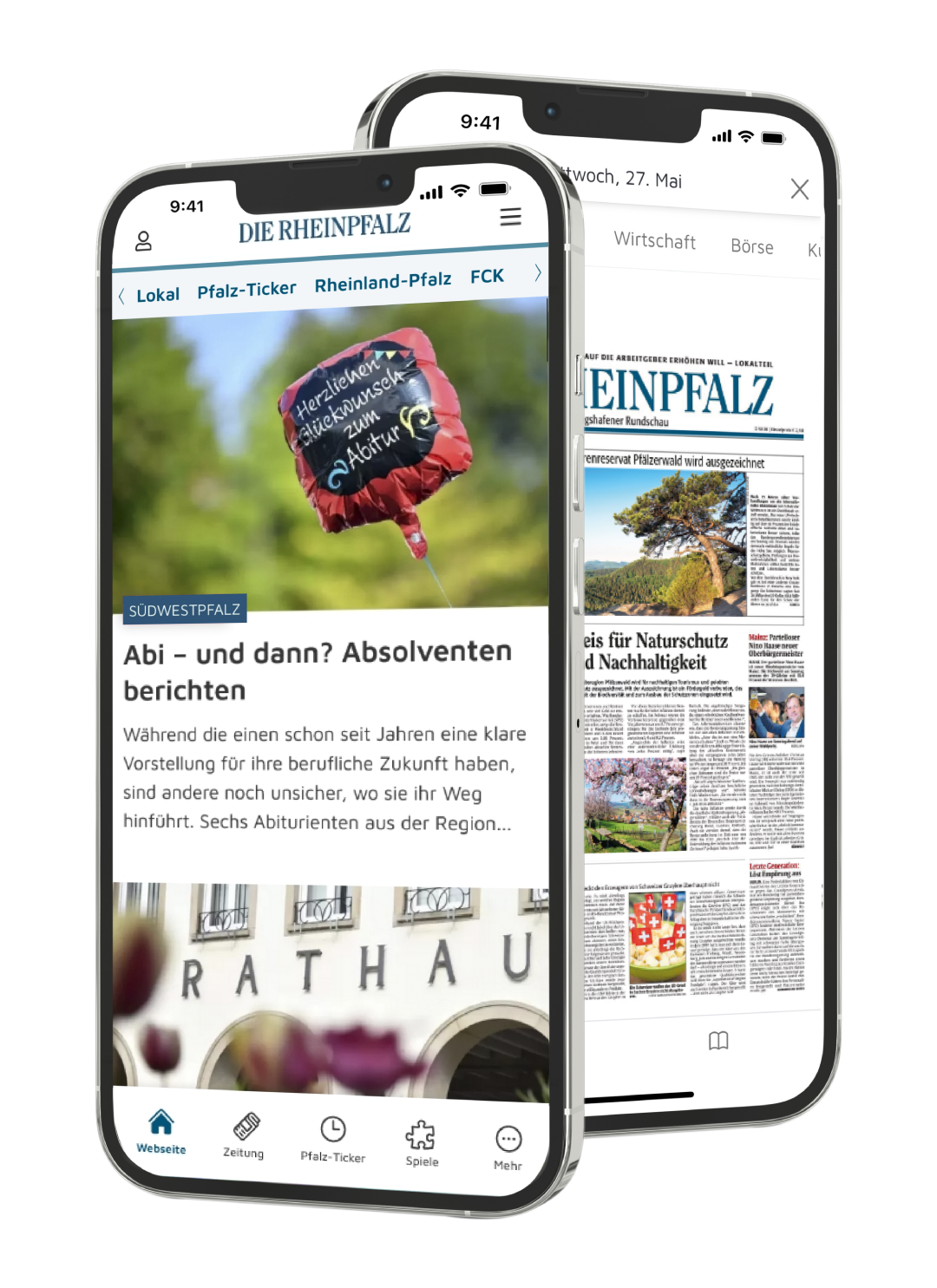 Zwei Smartphones mit Webview und E-Paper der RHEINPFALZ App